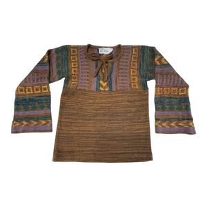 Vintage Kickers Women's Large Maroon Aztec Geometric Knit Tie Collar Sweater